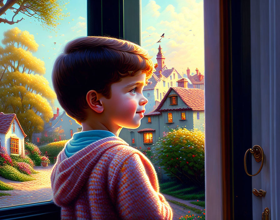 Young boy looking out window at picturesque village in golden sunlight