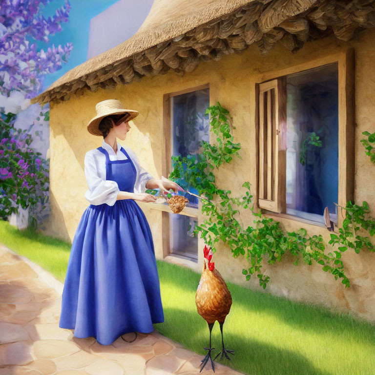 Woman in straw hat and blue dress with basket of flowers next to cottage and rooster