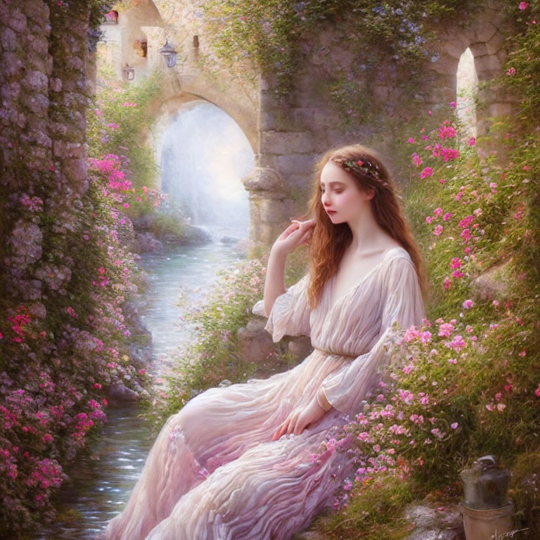 Woman in flowing dress by stone bridge in serene setting