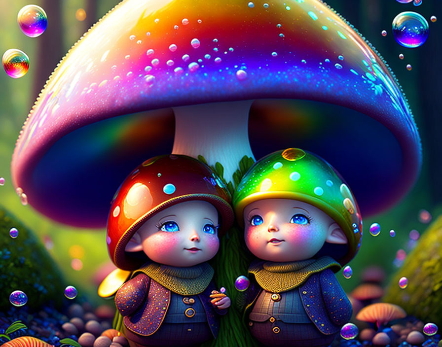 Children-like characters with mushroom hats in vibrant forest scene