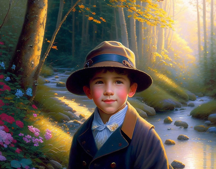 Young boy in vintage attire by forest stream in golden sunlight