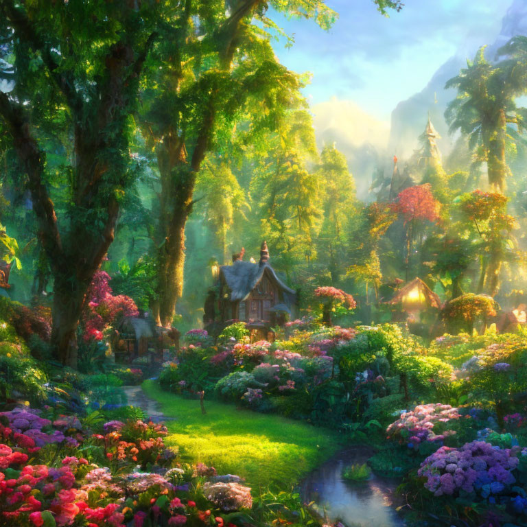 Lush Fairy Tale Forest with Colorful Flowers and Quaint Houses