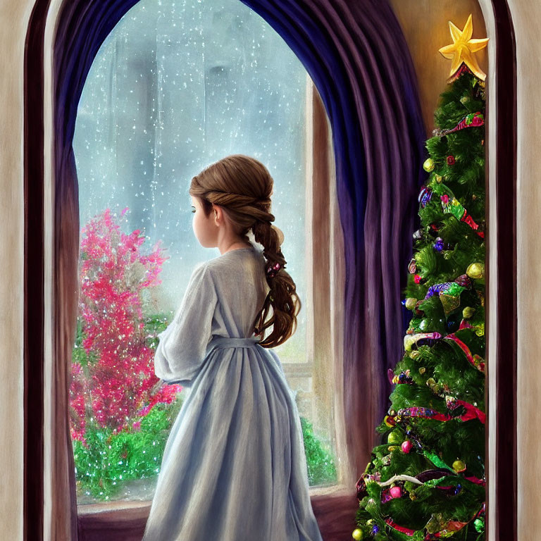 Girl in Blue Dress by Window with Falling Snow and Christmas Tree