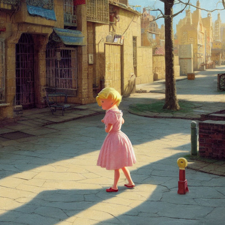 Young girl in pink dress and red shoes on deserted city street with old buildings and fire hydrant