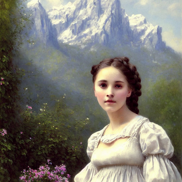 Braided Hair Woman in White Dress with Mountain Background