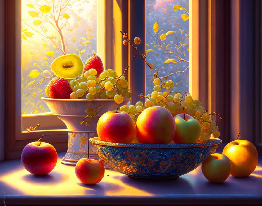 Colorful Still Life: Bowl of Fruits in Sunlit Room