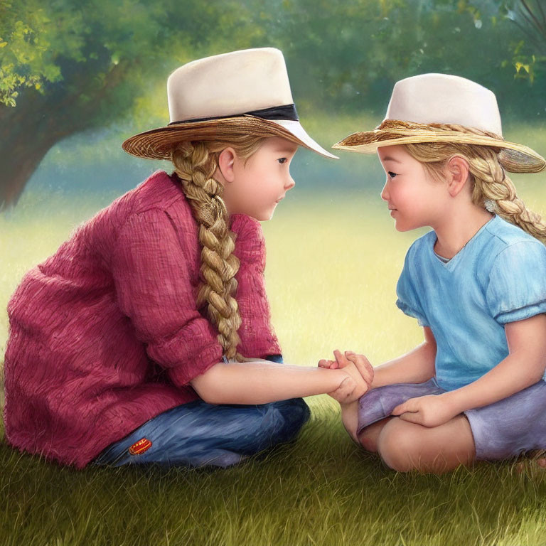 Children with straw hats and braided hair sitting face-to-face in grassy field