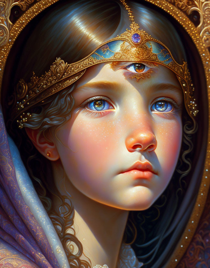 Young girl digital portrait with blue eyes and golden headdress showcasing melancholic gaze.