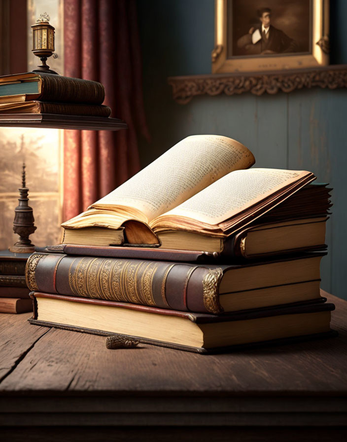 Antique Hardcover Books Stack with Open Book, Oil Lamp, and Framed Photo