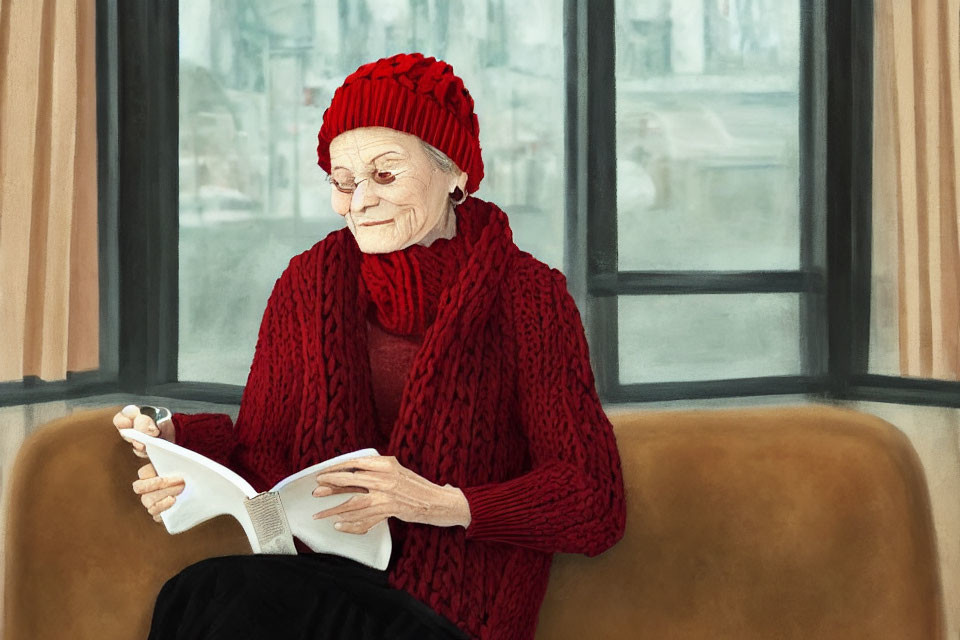 Elderly woman in red hat and sweater reading book by window