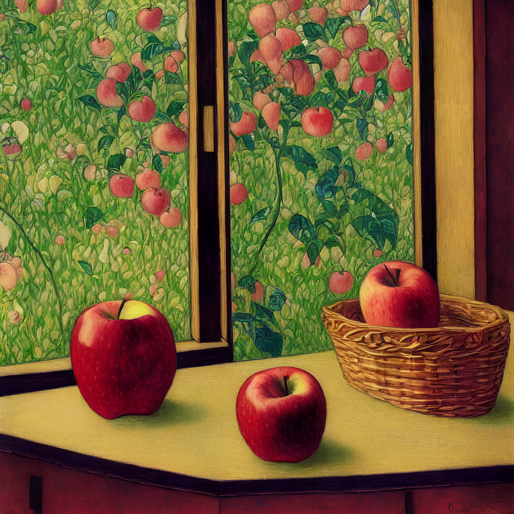 Still life painting with three red apples on table and in basket, apple tree background.