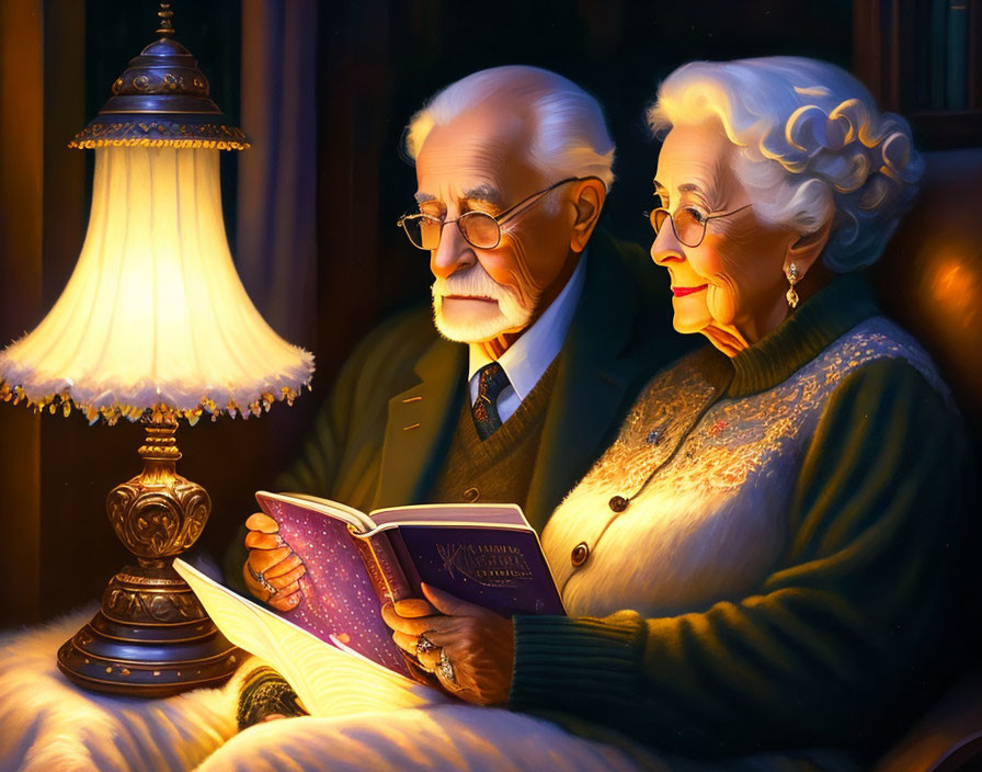 Elderly couple reading under warm lamp light