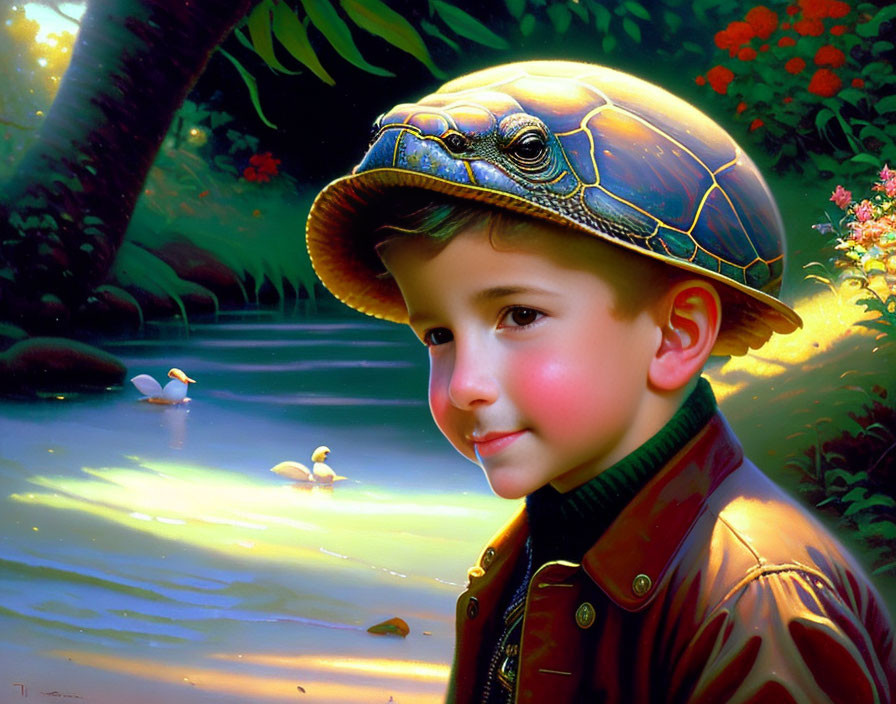 Young boy in turtle shell helmet by pond in enchanted forest