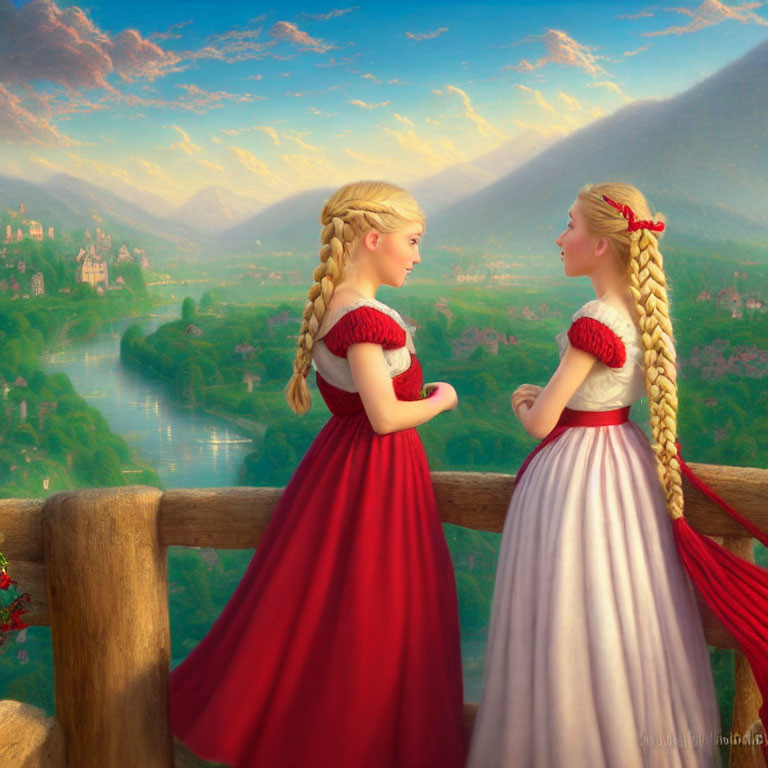 Animated girls in traditional dresses with braided hair on balcony overlooking village, river, mountains