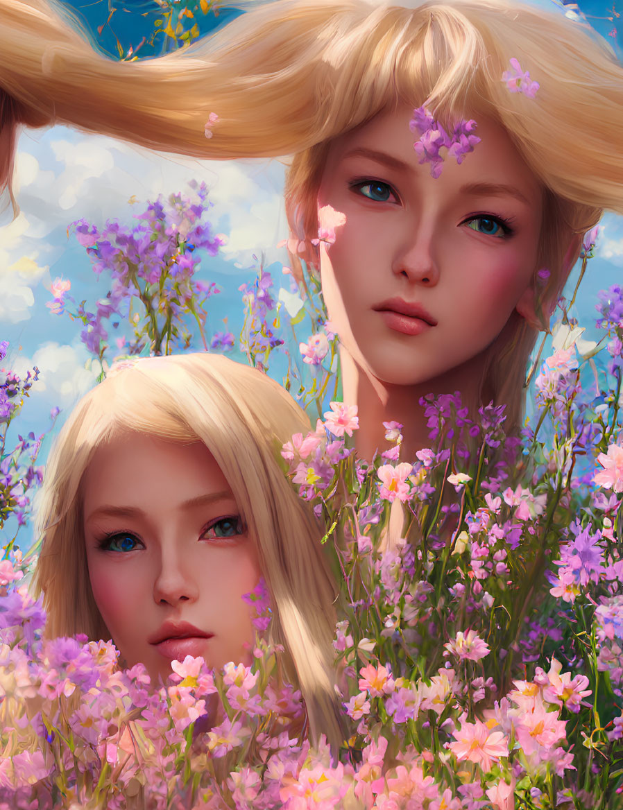 Stylized female figures with blonde hair among wildflowers under blue sky