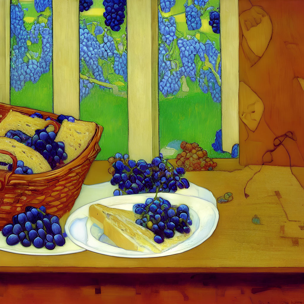 Colorful Still-Life Digital Painting of Grapes, Cheese, and Vines