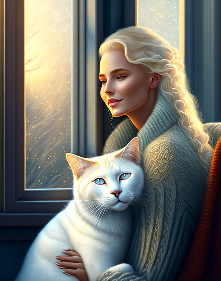 Platinum blonde woman holding white cat in golden sunset light