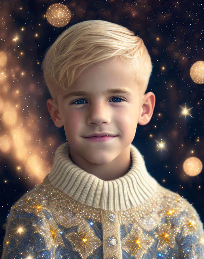 Blond-Haired Boy in Star-Patterned Sweater on Starry Background