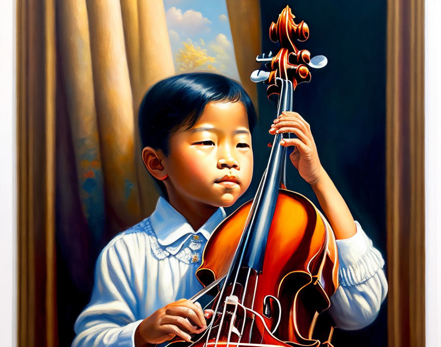 Young child with cello in warm light against curtains