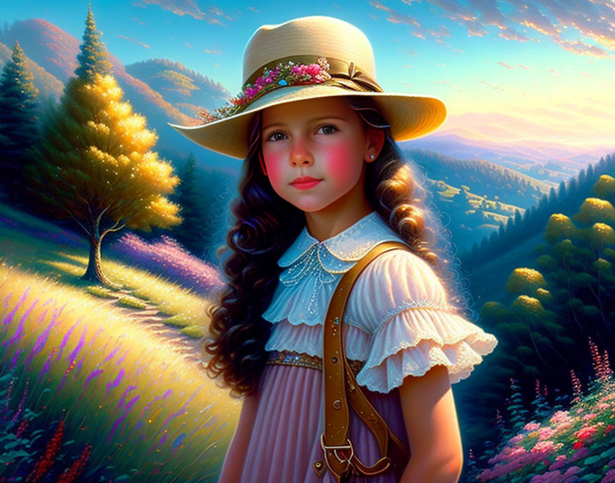 Young girl in straw hat surrounded by vibrant landscape at sunset