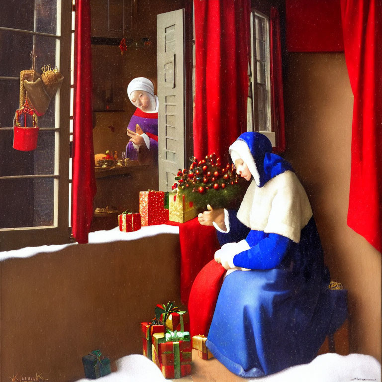 Traditional Dress Women Painting by Snowy Window with Holly Wreath