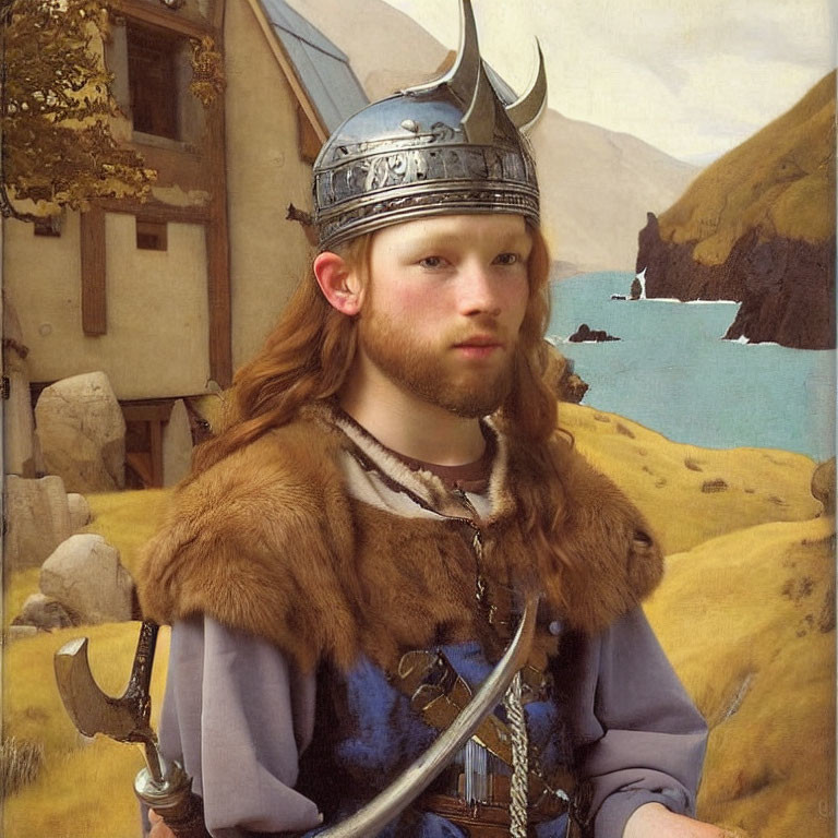 Bearded Viking in Horned Helmet and Fur Cloak by the Coast