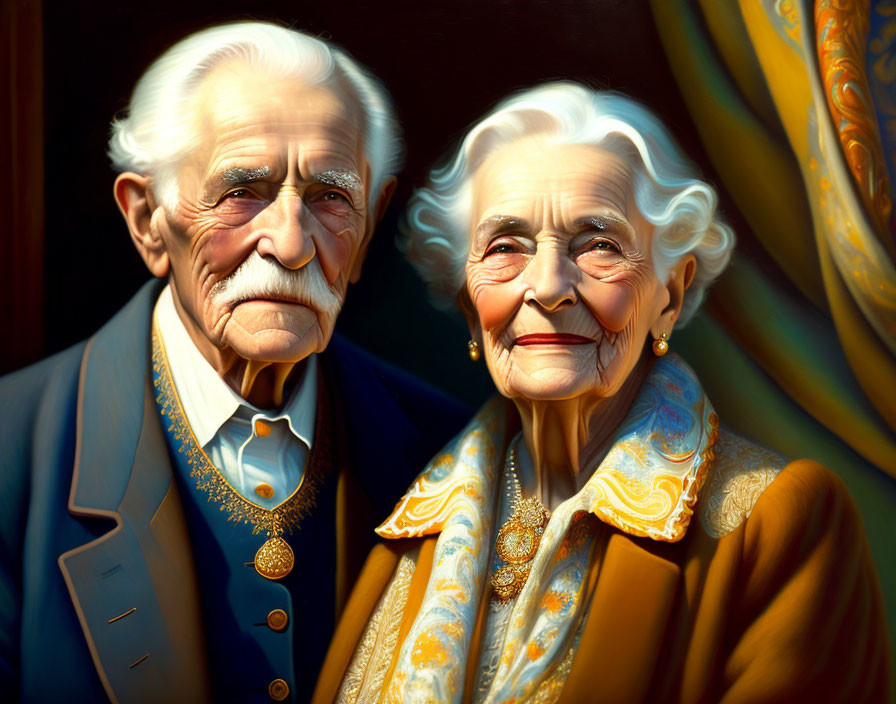 Elderly Couple Portrait: Man in Suit with Medal, Woman in Yellow Patterned Outfit