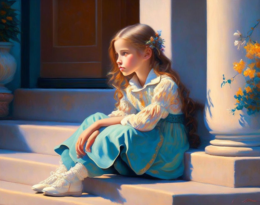 Young girl in blue dress with flowers in hair, sitting on steps in sunlight