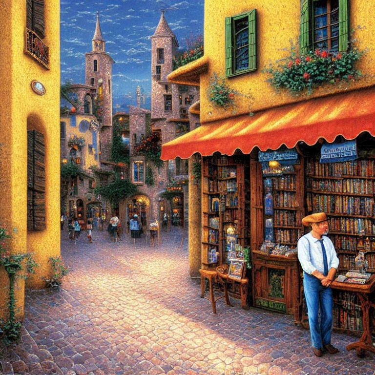 European Street Scene at Dusk with Cobblestones and Bookstall Man