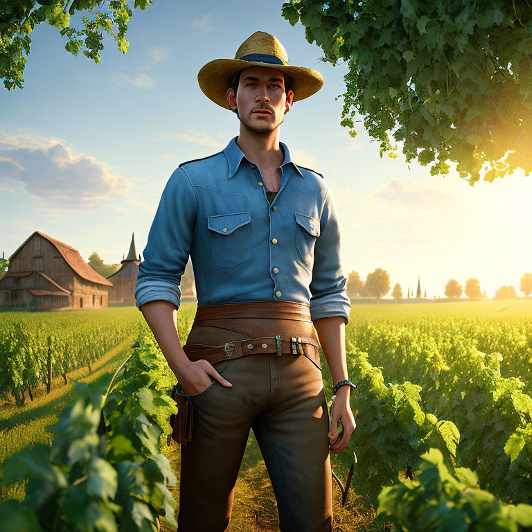 Man in straw hat and blue shirt in rustic vineyard setting.