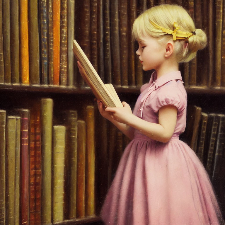 Blonde girl in pink dress reading book by shelf of aged books