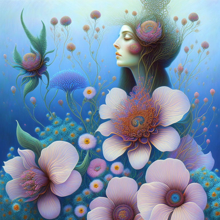 Detailed surreal illustration of woman's profile surrounded by blooming flowers