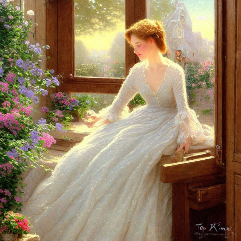 Woman in white gown by open window with flowers and distant building.