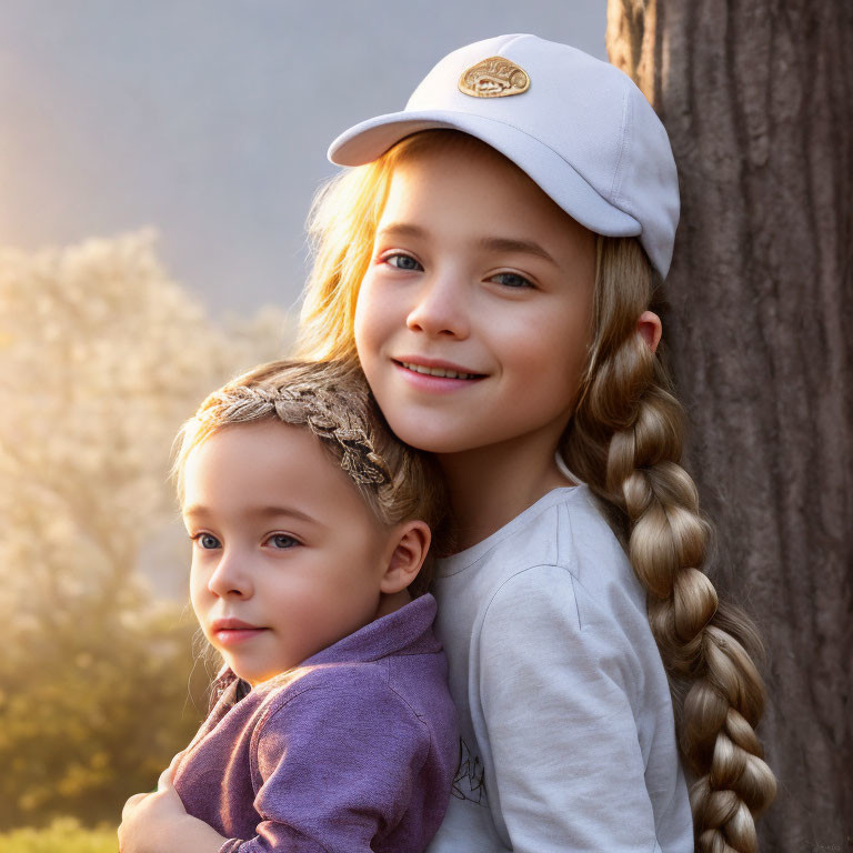 Smiling children outdoors hugging near a tree