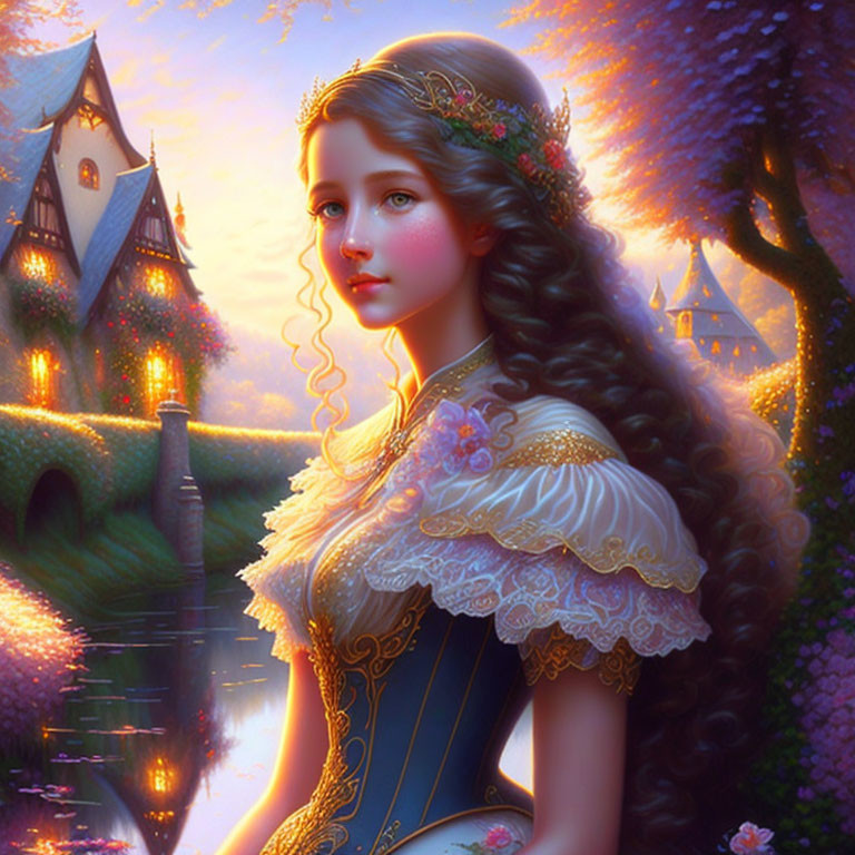 Young woman with wavy hair in floral crown and period dress in fantasy setting