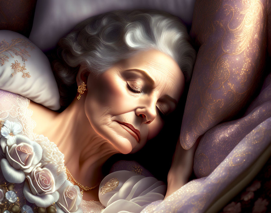 Elderly Woman Sleeping Surrounded by Pillows and Bouquet