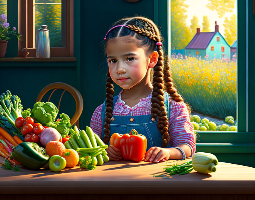 Girl with Braided Hair Holding Red Bell Pepper in Rustic Kitchen