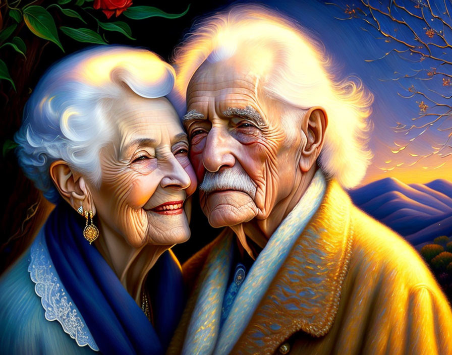 Elderly couple embracing warmly with sunset and foliage as backdrop