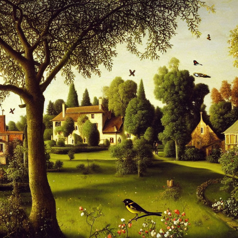 Tranquil pastoral painting of lush countryside with traditional houses, trees, path, and birds.