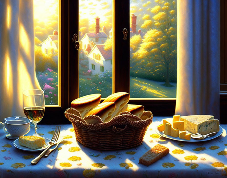 Basket of Bread, Cheese, and Drink on Table with Sunny Autumn Village View