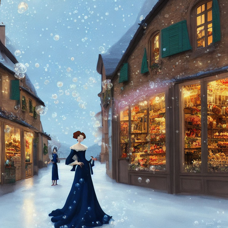 Historically dressed woman strolling snowy, cobblestone street with illuminated shops