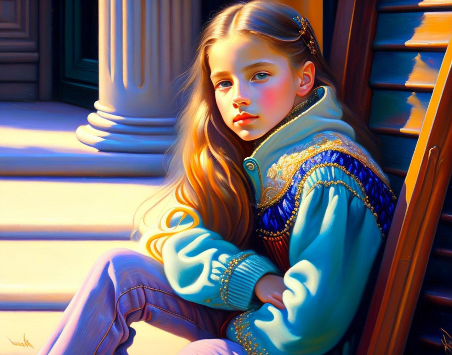 Blonde Girl in Blue Jacket Sitting on Steps in Sunlight