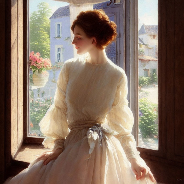 Vintage-dressed woman by open window with serene view.