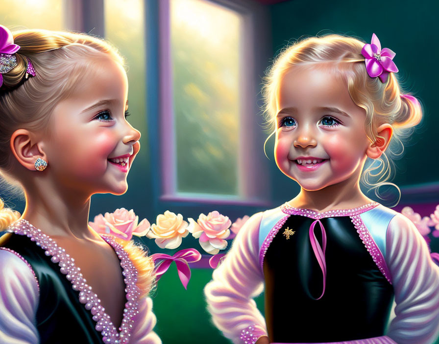 Young girls in fancy outfits with blond hair and pink flowers, smiling in a room with window and flowers