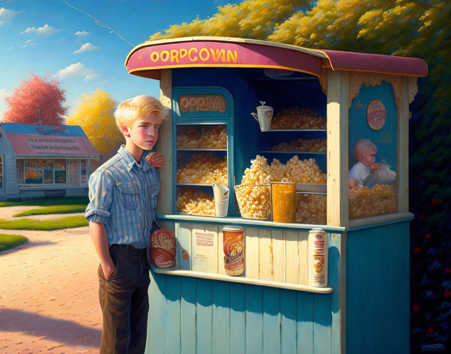 Young boy at old-fashioned popcorn stand in nostalgic scene