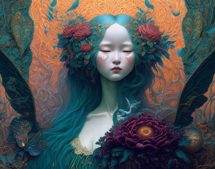 Portrait of woman with turquoise hair and floral headpiece, exuding ethereal aura