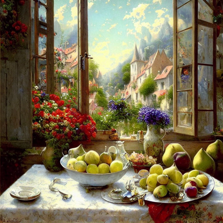 Colorful still life painting with fruit, table, window view, village, and flowers.