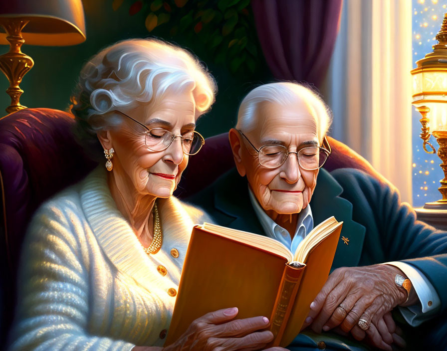 Elderly couple reading book in warm lamp light