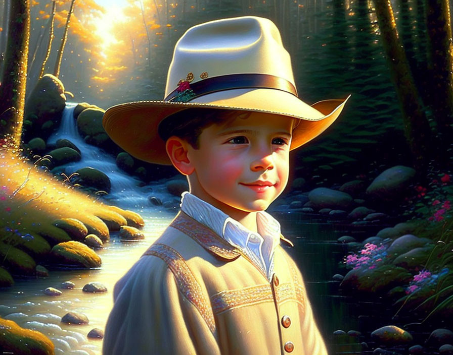 Child in Cowboy Hat Stands by Sunlit Stream