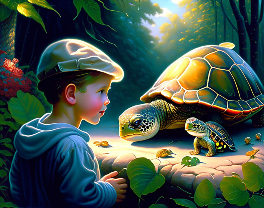 Child observing turtles in lush forest with sunlight filtering through